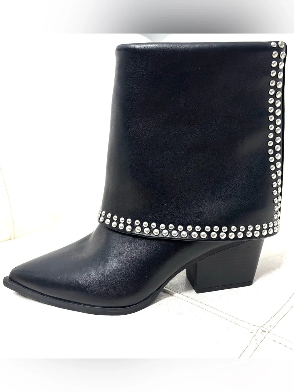 Michael Shanon Royce Fold Over Black Studded Pointed Ankle Booties